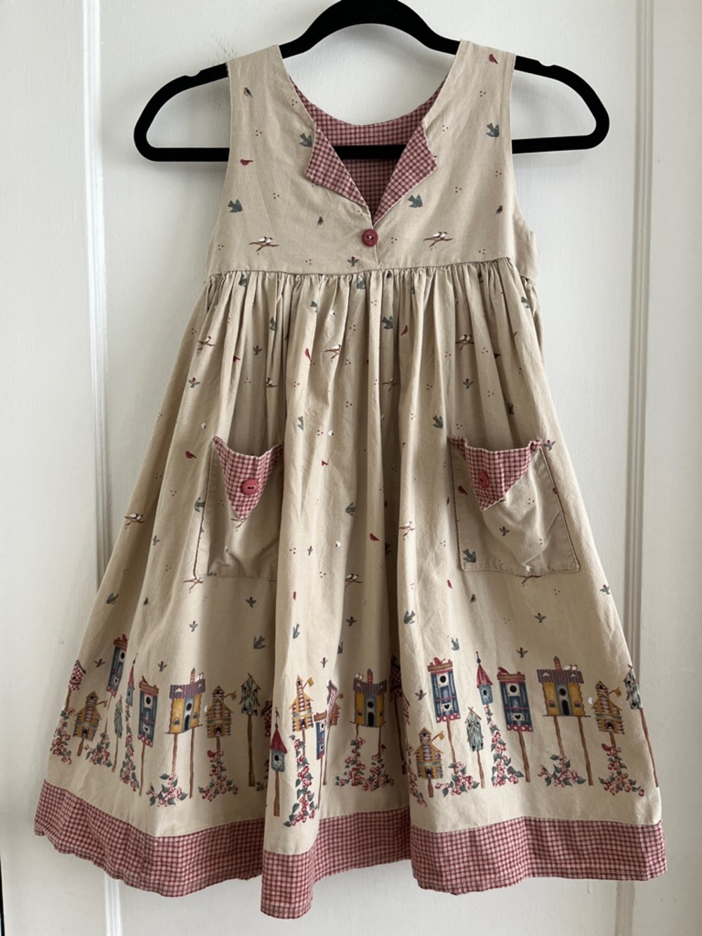 Girls Handmade Cotton Vintage 90s Bird & Birdhouse Country Jumper Dress